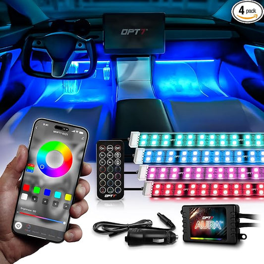 OPT7 Aura Pro Double Glow Interior Sports Car Lights with App & Remote | Ultra Bright Ambient Glow, Multicolor Double LED Strips, Car Meet Decor, 12V JDM Accessories, Music Sync Lighting, 4PC Kit