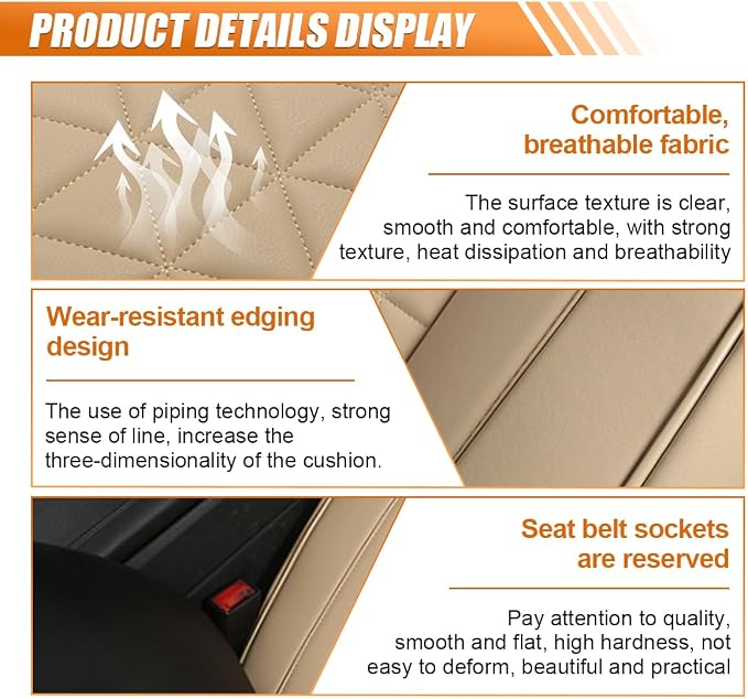 Luxury Faux Leather Car Seat Cover, Car Seats Cushion, Beige | Anti-Slip Waterproof Universal Front Bottom Seat Protector with Storage Pocket for Sedans, SUVs, Trucks, Triangular Pattern