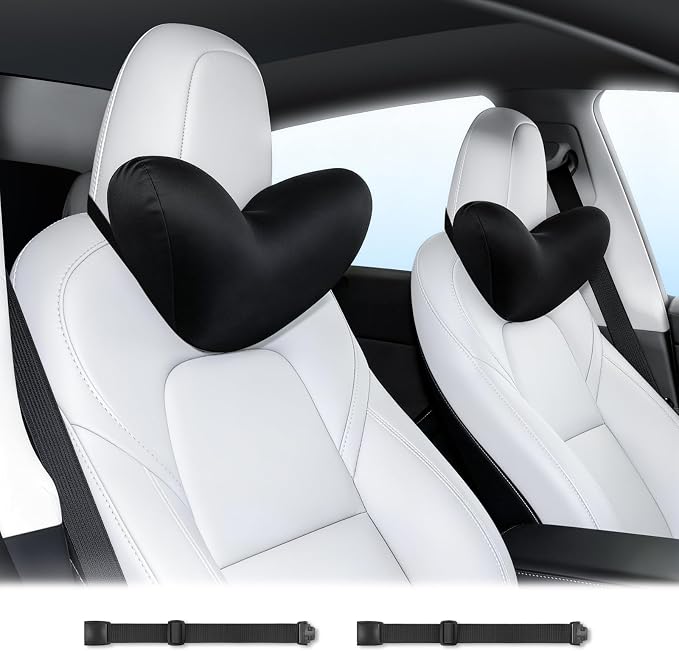 Wigoo Ergonomic Car Neck Pillow [Slim Upgrade, No Neck Pain] Odorless Memory Foam Car Headrest Pillow with 4 Adjustable Straps, Removable Cover, Fits All Cars (Black 2-Pack)