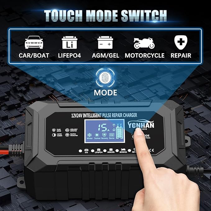 YONHAN 15-Amp 12V 24V Battery Charger LiFePO4 Trickle Charger | Car Battery Charger Fully-Automatic Smart Lead Acid Portable 9-Stage Smart Battery Maintainer with Temp Compensation