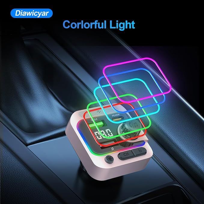 63W FM Transmitter Bluetooth Car Adapter, Wireless FM Bluetooth Transmitter | [PD 45W & QC3.0] Fast Charge, Deep Bass Player, Hands-Free Calling, Pink