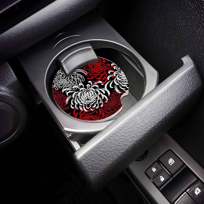 Absorbent Car Coasters - 2.65" Ceramic Stone, 2 Pack for Cup Holders - Chrysanthemum Flower Design in Red, Black, White