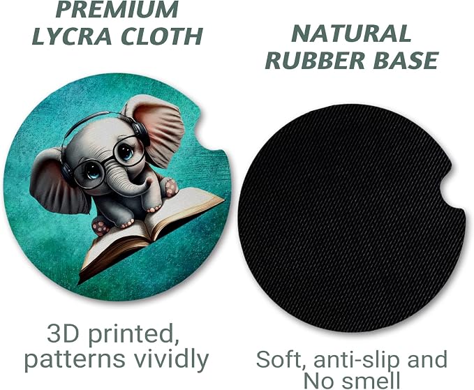 Yonlevres Car Coasters for Cup Holders，2.75" Anti Slip Rubber Mat with A Finger Notch, 2 Pack Car Cup Holder Coasters for Car Interior Accessories for Women Men Elephant Glasses