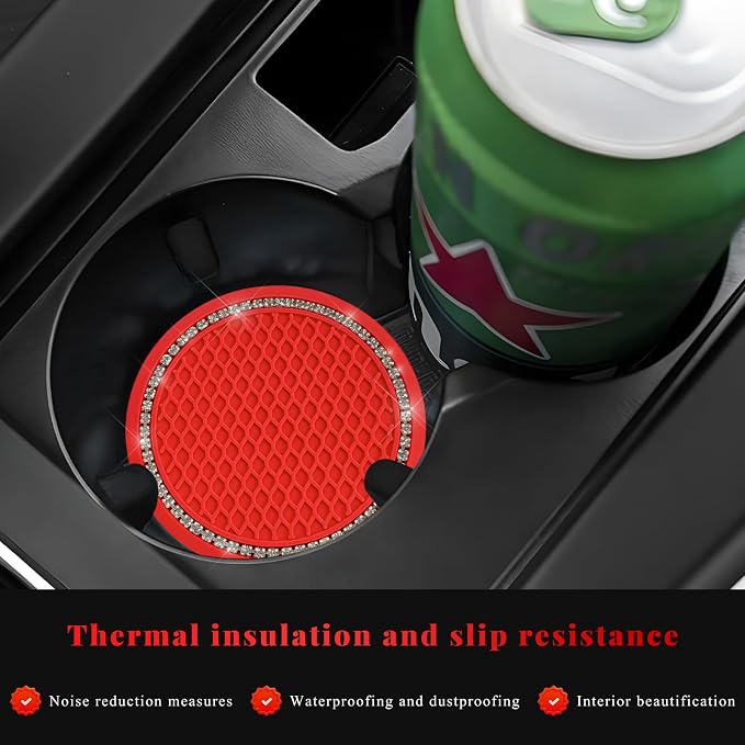 2PCS Bling Car Cup Coaster, 2.69 Inch Anti-Slip Auto Cup Holder Drink Mat w/Crystal Rhinestones, Universal Shiny Diamond Vehicle Insert Coasters Cups Mats for Women (Red & White)