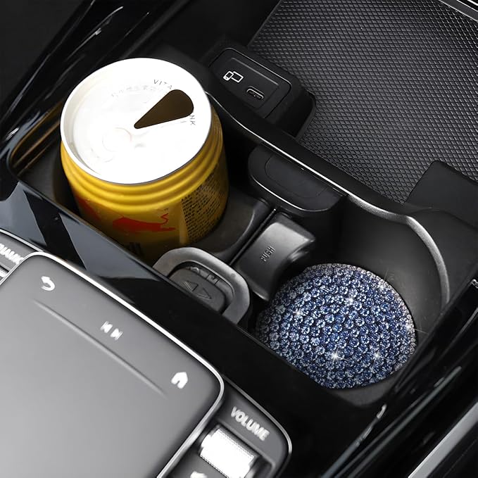 Bling Car Cup Holder Coaster, 2PCS 2.75 Inch Crystal Rhinestone Anti Slip Vehicle Drink Cup Mat for Women Girls, Auto Interior Embedded in Ornaments. Universal for SUV RV Truck (Light Blue)