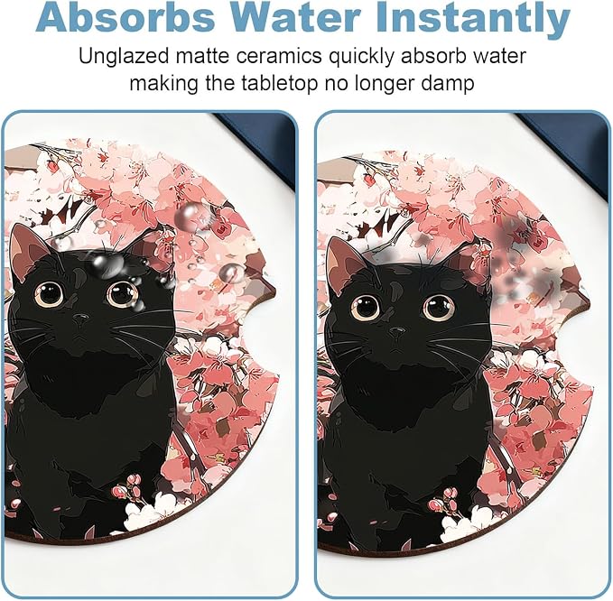 Car Cup Holder Coaster Set of 2, 2.56 in Ceramic Coasters, Scratch-Resistant Cork Backing, Finger Groove Design for Easy Placement, Cute Car Accessories Interior for Women (Cute Kitten)