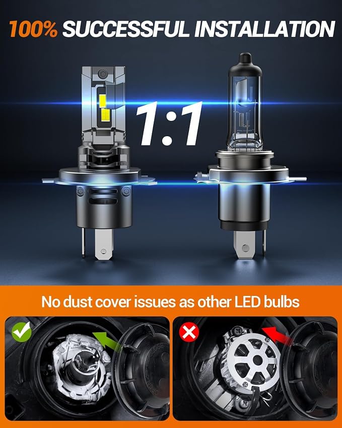 Sealight H4 Light Bulb 50,000LM 1500% Brighter, 6500K Cool White with 25000RPM Cooling Fan,65W High Power Error-Free, H4/9003 LED Fog Bulbs for Cars/Trucks/SUVs, 2 Pack