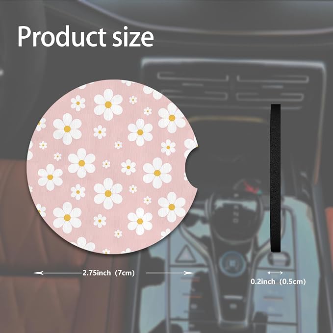 2pcs Cute White Flowers Car Coasters,Absorbent Universal neoprener Cup Holder Coasters with a Finger Notch,Car Accessories for Women&Man Interior，2.75" 3