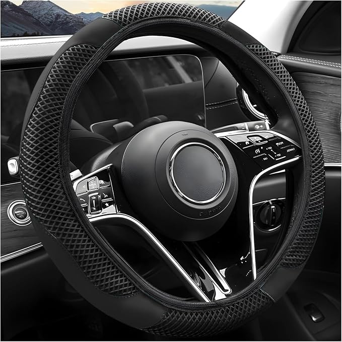 Elastic Stretch Steering Wheel Cover, Warm in Winter and Cool in Summer, Universal 15 inch Microfiber Breathable Ice Silk Anti Slip Car Interior Accessories, Odorless, (Black)