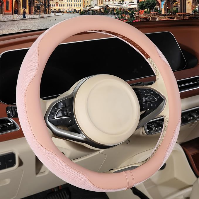 Nappa Leather Ice Silk Fabric Pink Steering Wheel Cover Women | Non-Slip Breathable Soft Car Accessories, Warm in Winter and Cool in Summer Universal 14.5 inch to 15 inch