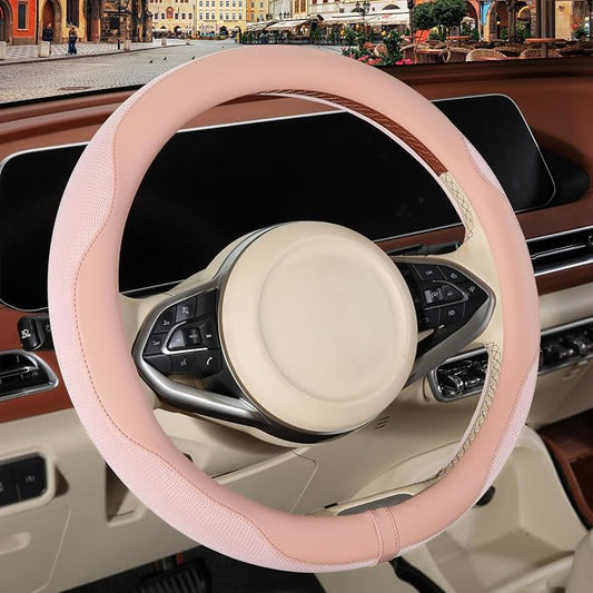 Nappa Leather Ice Silk Fabric Pink Steering Wheel Cover Women | Non-Slip Breathable Soft Car Accessories, Warm in Winter and Cool in Summer Universal 14.5 inch to 15 inch