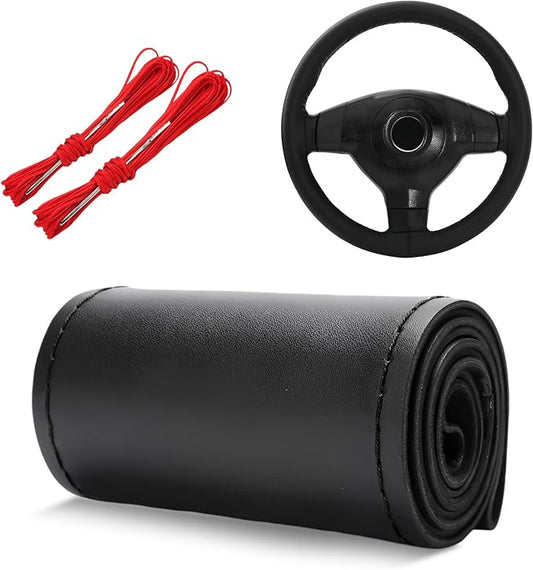 Genuine Leather Steering Wheel Cover, 15 Inch Stitch on Wheel Wrap with Needles & Threads, Breathable Steering Wheel Protector DIY Sewing Wrap for Car Truck SUV (Black, Glossy)
