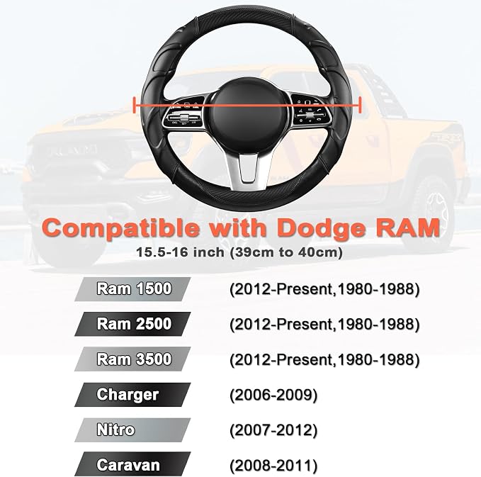 West Llama Customized Auto Car Steering Wheel Cover for Dodge RAM 1500 2500 3500, 15.5-16 inch(Black+Gray-Large Size)