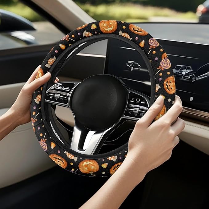 Wanyint Car Steering Wheel Cover Universal 15 Inch Anti-Slip Neoprene Auto Steering Wheel Protector Halloween Car Accessories Decor for Women Men, Pumpkin Candy
