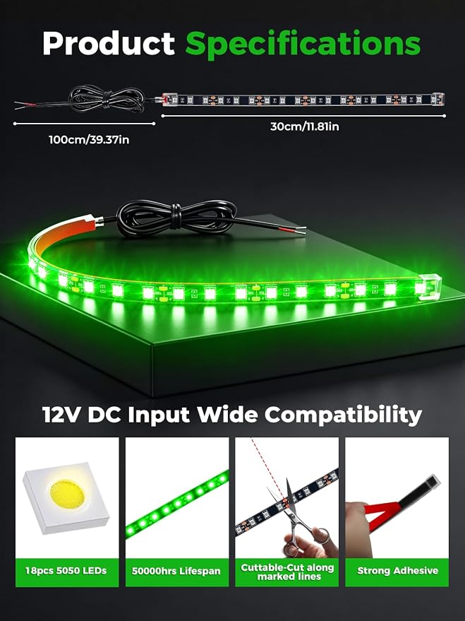 Car LED Strip Lights IP68 Waterproof Cuttable 12inch Green 4 Pcs | 12V Footwell & Underbody Lights, 18pcs 5050 SMD, interior & exterior light, fits SUVs, trucks, motorcycles, boats, golf carts