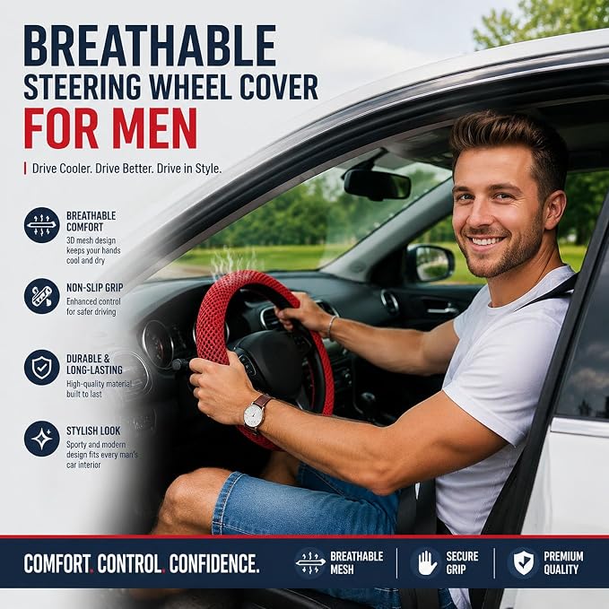 Mesh Ice Silk Cooling Car Steering Wheel Cover for Men Women,Summer Universal Breathable Stretch Anti-Slip Wheel Cover 14.5-15" for Cars, Trucks, Pickups, SUVs (Red)