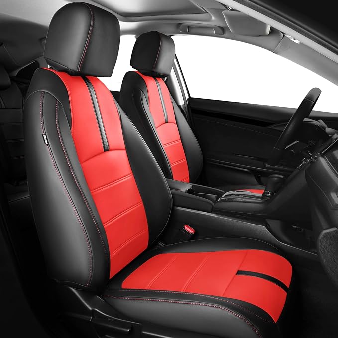 Seat Covers for Honda Civic Sedan EX-L, EX-T, EX, Touring, Sport 2016-2021, Faux Leather Car Seats Cover Full Set Waterproof Black Red (60/40 Split Seatback-with Rear Armrest)