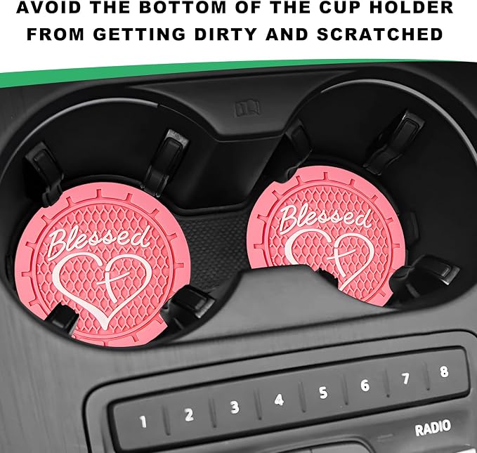 2 PCS Car Cup Holder Coaster, 2.76 Inch Non-Slip Auto Drink Mats with Blessed Cross and Heart, Shockproof Christian Cup Insert Coaster for Most Vehicles, Car Accessories (Pink)