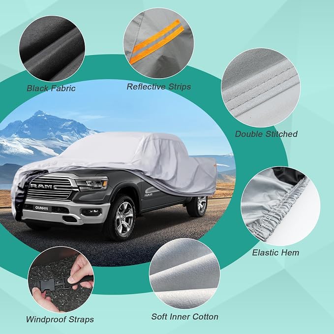 GUNHYI Pickup Truck Cover Waterproof All Weather, 6 Layer Full Size Cover Universal Fit Chevy S10/C10, Ford F100, RAM 1500, Silverado 1500, Tacoma Regular Cab Single Cab (Truck, up to 210 inch)