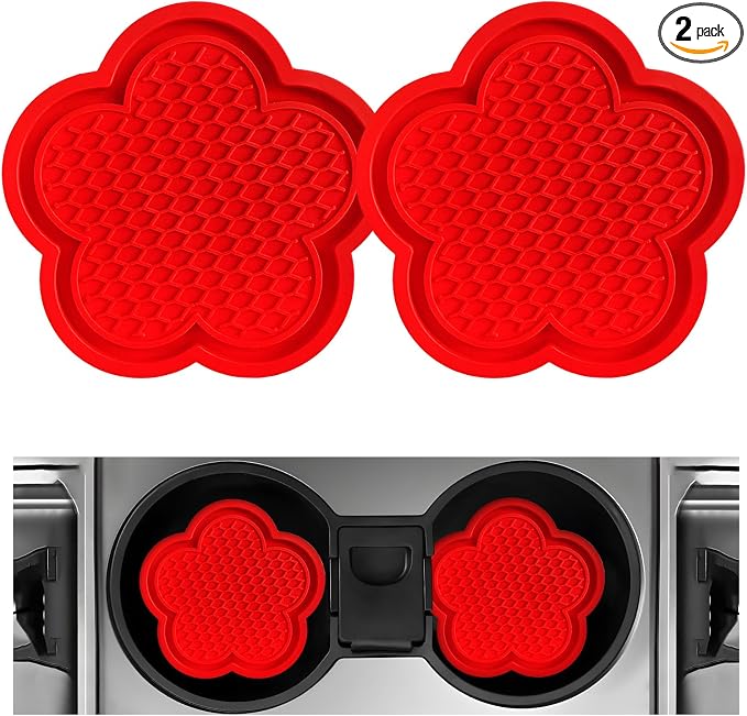 DXNQ 2 PCS Car Cup Coasters, Cute Flower Shaped Car Cup Holder Mat, PVC Waterproof Anti Slip Vehicle Cup Holder Insert Coaster, Universal Car Interior Decor Accessories (Red)
