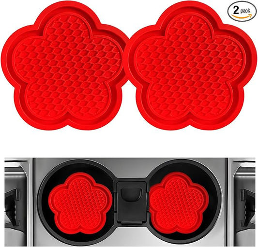DXNQ 2 PCS Car Cup Coasters, Cute Flower Shaped Car Cup Holder Mat, PVC Waterproof Anti Slip Vehicle Cup Holder Insert Coaster, Universal Car Interior Decor Accessories (Red)