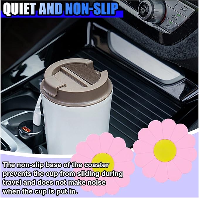 2PCS Car Cup Coaster, Flower Shaped Silicone Non-Slip Vehicle Drink Holder Insert Mat, Universal 2.75 Inch Waterproof Automotive Interior Decoration Beverage Pad Accessories (Pink)
