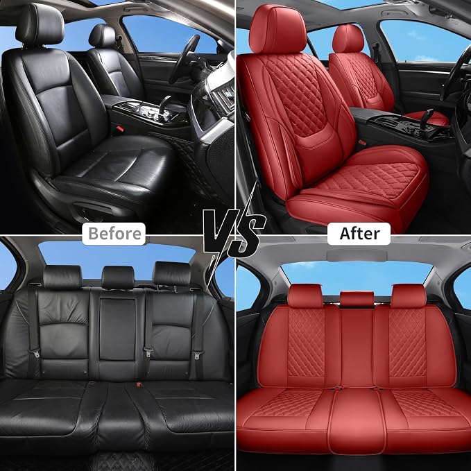 Car Seat Covers Full Set,5 Seat Leather Seat Covers for Cars,Front Seats and Back Seat Cover,Waterproof Car Seat Cushion Protectors,Universal Fit for Most Cars SUV Trucks (Red, Full Set)