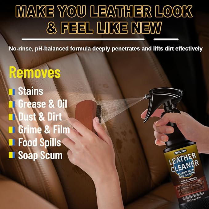 SHIELDOM Leather Cleaner and Conditioner Kit, Leather Care Cleaning Detailing Safely Cleans & Conditions Leather Car Interiors, Shoes, Bags & More - UV Protection Prevent Cracking & Fading - 5 Items