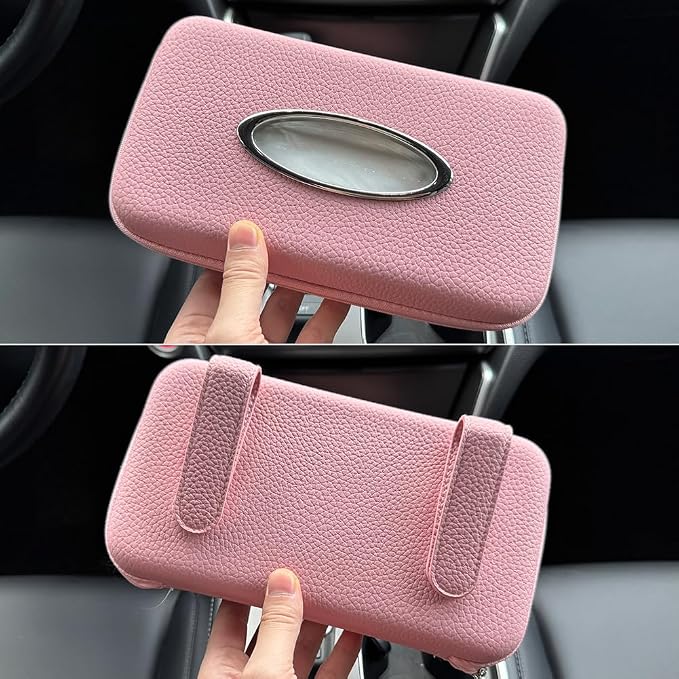 Sun Visor Tissue Holder, Zipper Napkin Holder, PU Leather Backseat Tissue Case for Vehicle (Pink)