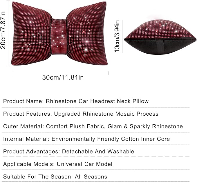 surpassme 2PCS Rhinestone Car Headrest Neck Pillow for Driving with Bling Bling Crystal Bow Pillow Car Accessories for Women (Red)