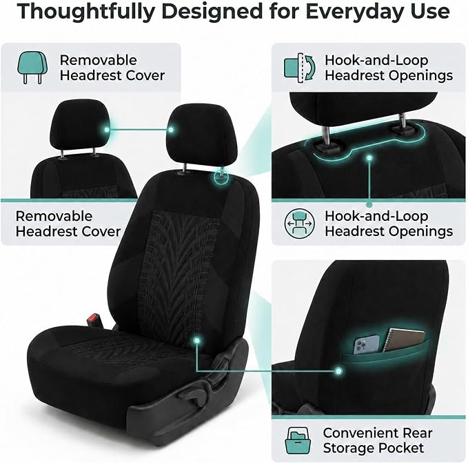 FH Group Front Set Travel Master Car Seat Covers - Covers for Low Back Car Seats with Removable Headrest, Universal Fit, Automotive Seat Cover, Airbag Compatible Car Seat Cover for SUV, Sedan Black