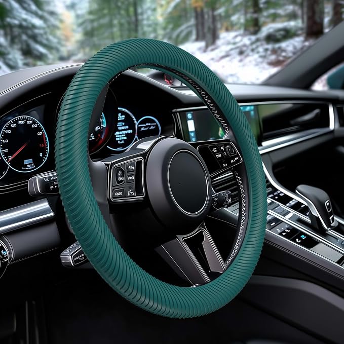 WOCOCN Car Steering Wheel Cover, Thin Anti-Skid Silicone Steering Wheel Cover for Men & Women, Universal Automotive Interior Accessories for Most Cars (Dark Green)