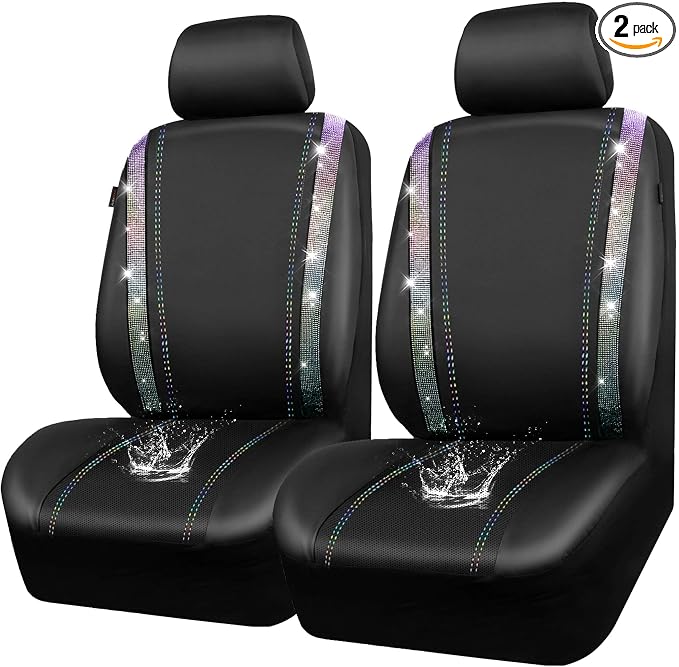 CAR PASS Leather Bling Diamond Car Seat Covers 2 Front Interior Sets, Waterproof Universal Shining Glitter Crystal Sparkle Fit for 95% Auto Truck SUV Cute Women Girl, Black Multicolor Rhinestone