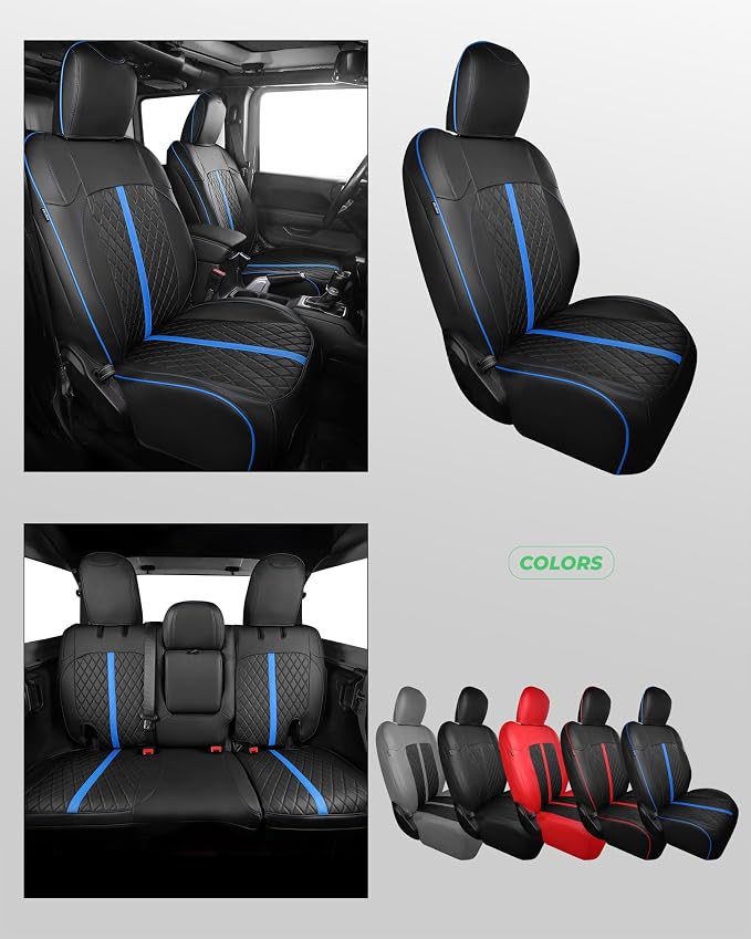 for Jeep Wrangler Seat Covers 4Door JL 2018 2019 2020 2021 2022 2023 2024 2025 2026, Custom Car Seat Cover Full Set, Luxury Waterproof Leather Protectors, Black Blue Trim,with Rear Cup Holder