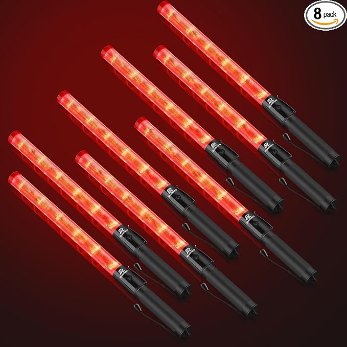 RoadHero 8 Pack 21 Inch Traffic Wand, Red | 2 Flashing Modes, Side Clip, Water-resistant IPX-4 rated, Airport Marshaling Signal, Parking Lot, Car Directing