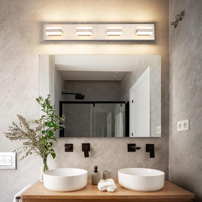 SOLFART Bathroom Light Fixtures Brushed Nickel Vanity Lights for Bathroom Above Mirror, 4 Light Led Lighting Fixture, Nickel Vanity Light,5 Color Temperature Adjustable Light Over Mirror ETL Listed