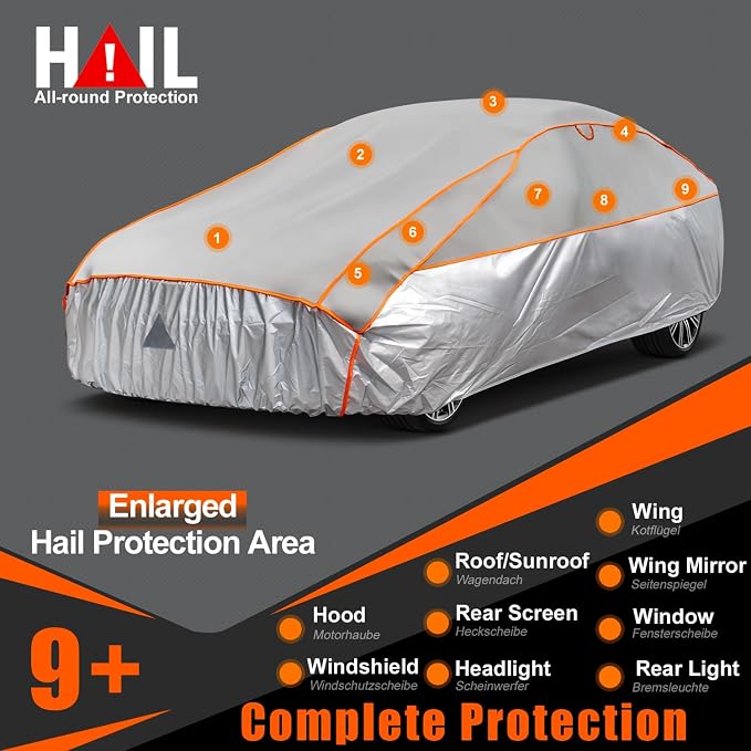 Kayme Hail Protector Car Cover，Anti Hail Thickened Multi-Layered EVA Car Cover Waterproof Sun UV Rain Snow All Weather, Outdoor Hail Protection Cover, Fit Sedan/Coupe-Length (186 to 193 Inch).Grey