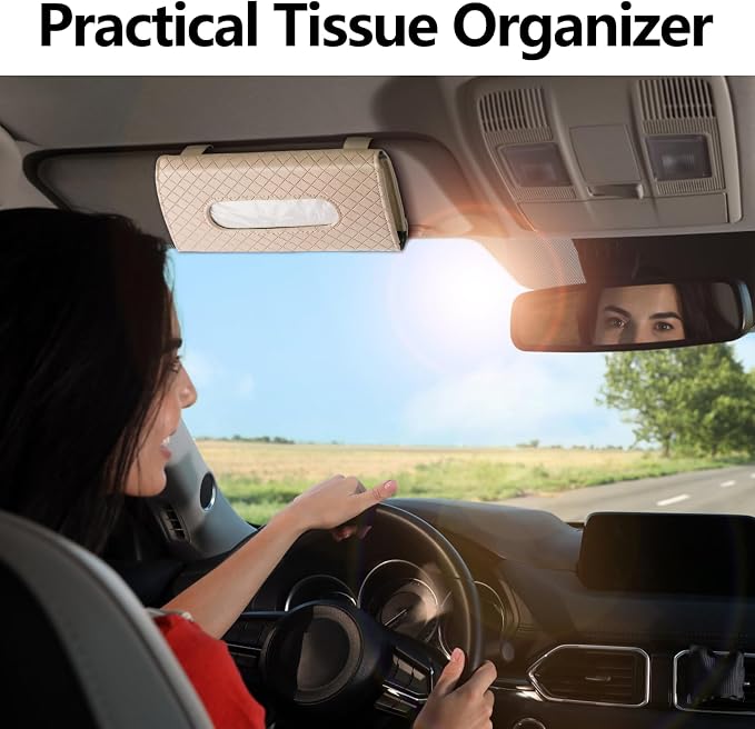Wuyaoyao Car Tissue Holder, Auto Sun Visor Napkin Holder Mask Holder, Premium PU Leather Car Tissue Holder Visor Tissue Dispenser, Universal Sun Visor Tissue Box for Most Vehicle (Plaid-Beige)