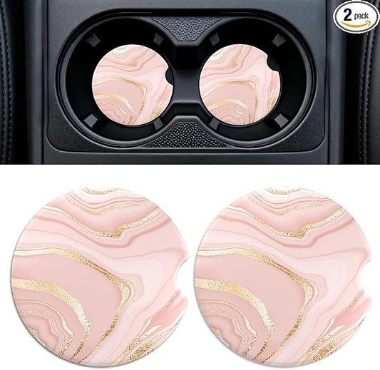 Car Cup Holder Ceramic Coasters 2 Pack, 2.56 in Anti Slip Absorbent Coaster with Cork Base and Finger Notch, Funny Cute Car Accessories Interior for Women, Light Pink Stone