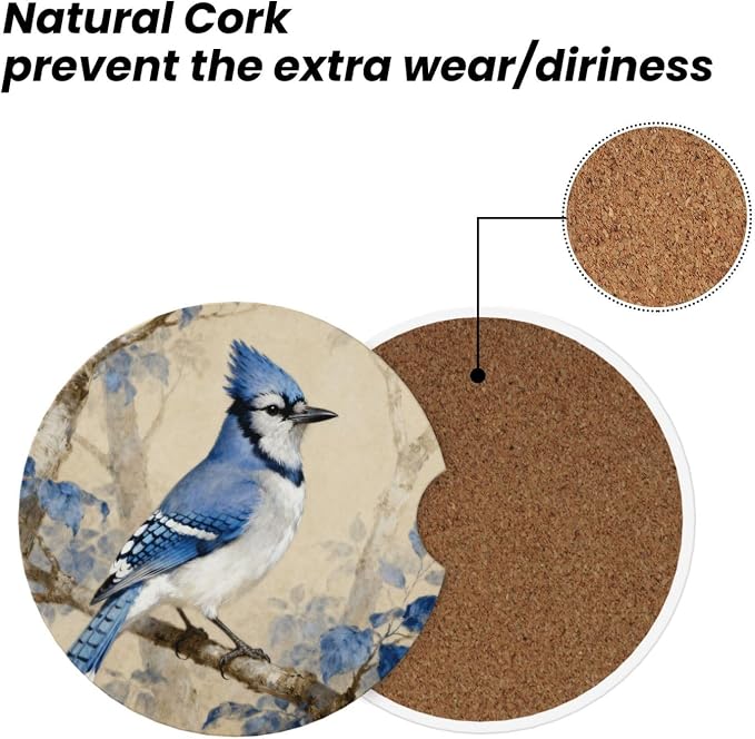 Blue Bird Tree 2 Pack Car Cup Holder Coasters Absorbent Ceramic Drink Coasters 2.56" Universal Anti Slip Cup Mat with Cork Base and Finger Notch Auto Accessories Interior for Women Men