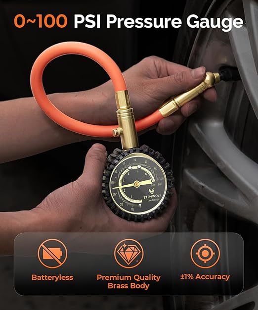 ETENWOLF Tire Pressure Gauge 0-100 PSI, ANSI B40.1 Grade A Certified | Accurate Tire Gauges for Tire Pressure with Large Glow Dial, Air Pressure Gauge for Tires, Car Accessories