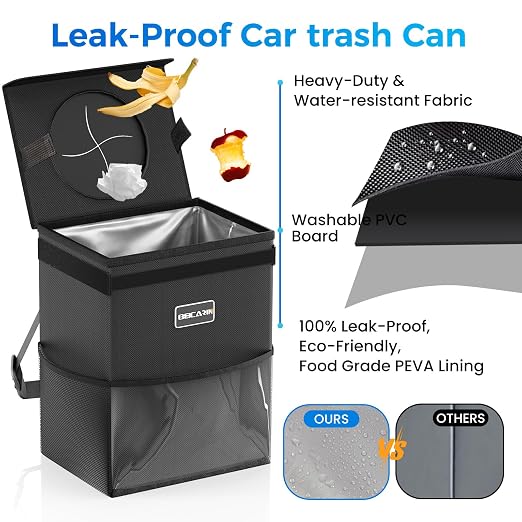 Beicarin Car Trash Can with Lid - Trash Bag Hanging with Storage Pockets Leak-Proof Organizer Collapsible and Portable Waterproof Garbage Bin, 2.2 Gallons Multipurpose Trash Bin for Car