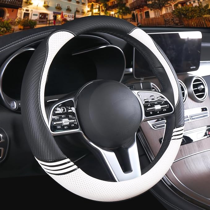 Small 14 inch Cute Leather Steering Wheel Cover Black and White | Breathable Non-Slip Faux Leather and Carbon Fiber Car Accessories for Women Men 13.5 inch to 14 inch