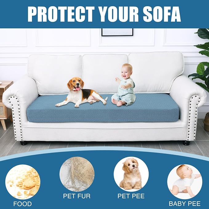Smiry Waterproof Couch Cushion Covers, Stretch Jacquard Thick Sofa Cushion Covers, Washable Seat Slipcover Elastic Furniture Protector for Pets, Kid (Large, Blue)