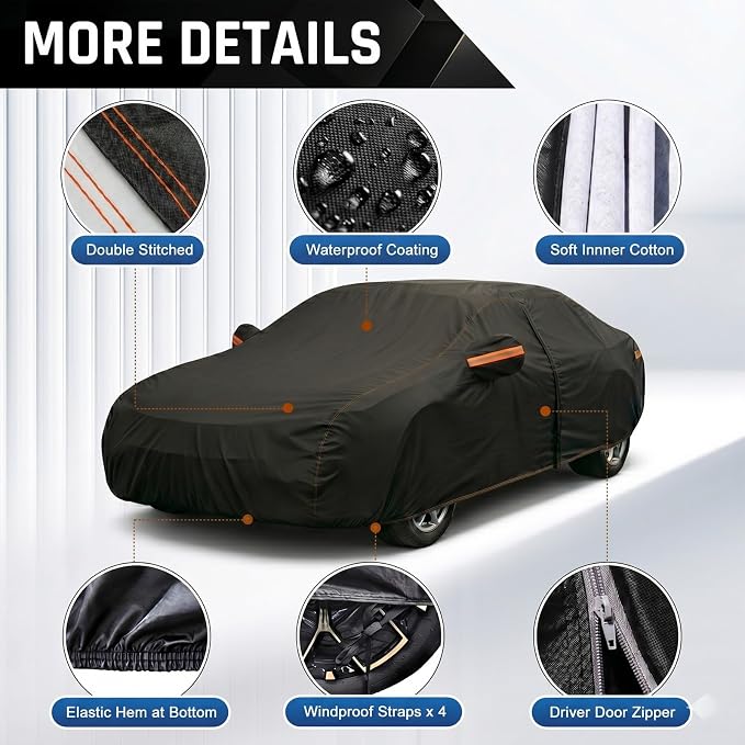 6 Layer Heavy Duty Car Cover Waterproof All Weather Protection with Cotton Liner, Universal Fit Lincoln MKZ, Chrysler 300, Toyota Avalon, Cadillac CTS CT5, Genesis G80, Acura TLX RLX