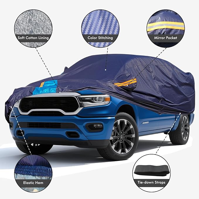 Car Cover Waterproof All Weather, 6 Layers Outdoor Full Exterior Cover Rain Sun UV Snowproof Protection with Zipper Cotton, Mirror Pocket for Dodge Ram