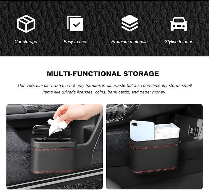 Car Trash Can with Lid, Leather Auto Dustbin Hanging Organizer with Mounting Clip, Multi-Purpose Leakproof Vehicle Garbage Bin Storage Container for Cars SUVs RVs (Beige)