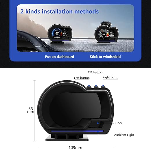 OBD2 Speedometer for Car with OBD2 GPS Dual System, Water TEM, Volt, Mileage, Overspeed & Fatigue Driving Alarm, RPM HUD Head Up Display for Car Digital Speedometer MPH