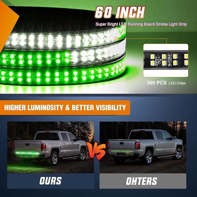 Nilight 60 Inch Truck Tailgate Strobe Light Strip Tail Emergency Bar Rear Window Warning Lamp Ultra-Bright Double Row 360 LED for Pickup Trailers Construction Vehicles Car SUV, Green White