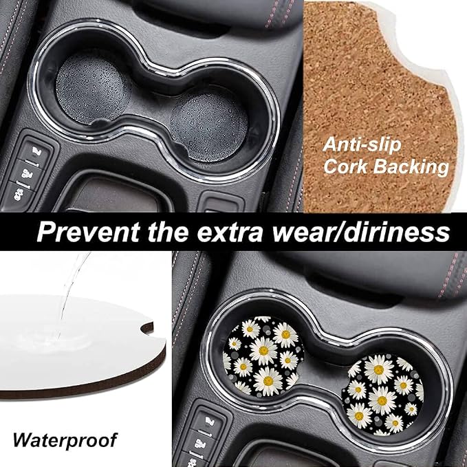 2 Pack Absorbent Car Coasters for Cup Holders,White Daisy Design Ceramic Coasters with Cork Back and Finger Slot,Cupholder Accessories to Keep Your Car Cup Holders Clean and Dry 2.56"